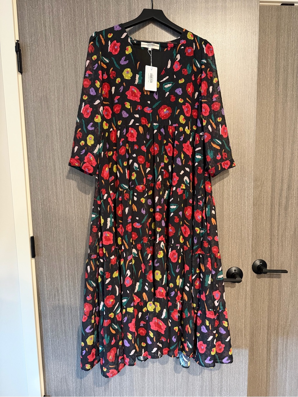 CROSBY by Mollie Burch Black Dress with Red, Yellow & Purple Floral Print